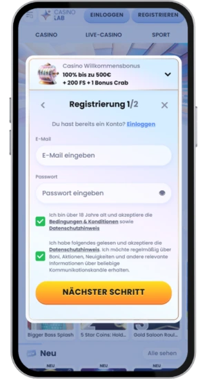 Registrierungsformular für ein Casino-Konto